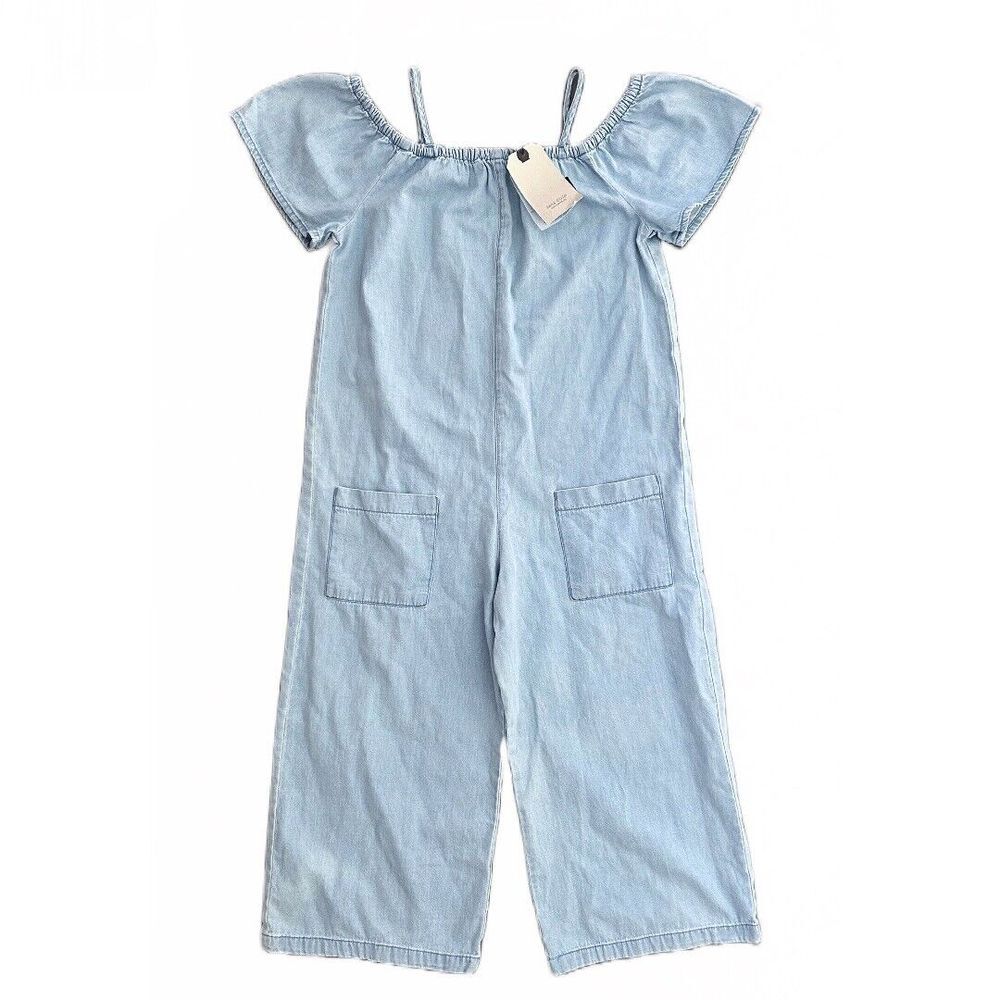 Zara Girls Short Sleeve Denim Light Wash Cropped Jumpsuit Pockets Size 13-14 NWT